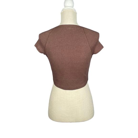 Garage Tee Womens Medium Brown Snap Ribbed Crew Neck Summer Casual Basic - Picture 3 of 5